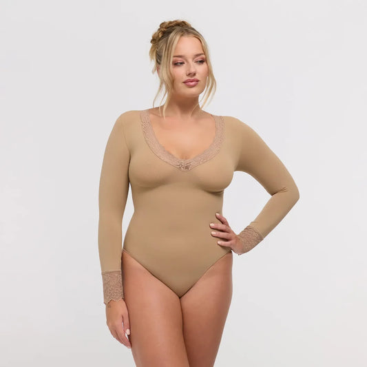 Lace V-Neck Bodysuit Sculpting Shapewear Longsleeve mit Slip