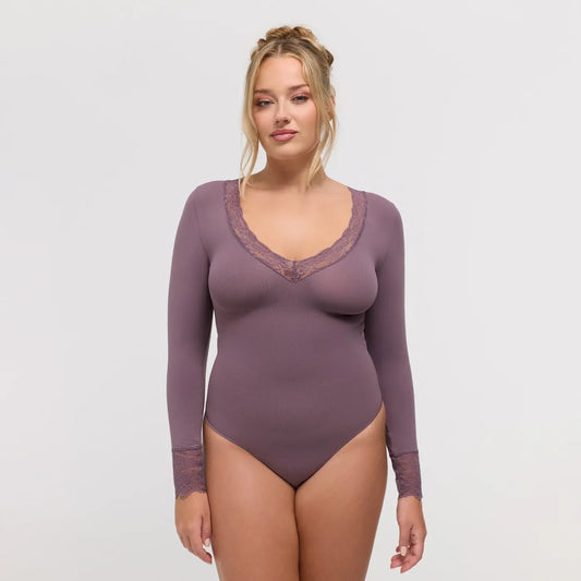 Lace V-Neck Bodysuit Sculpting Shapewear Longsleeve mit Slip