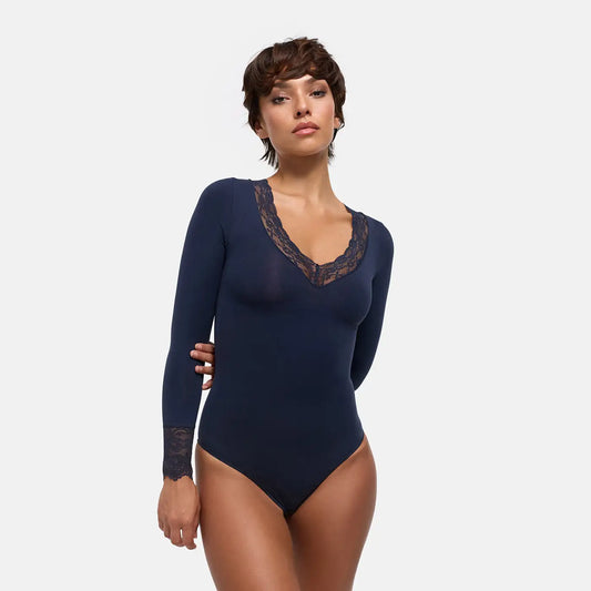 Lace V-Neck Bodysuit Sculpting Shapewear Longsleeve mit String