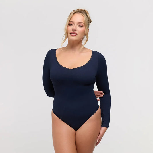 Ribbed Longsleeve V-Neck Sculpting Lace Bodysuit with String