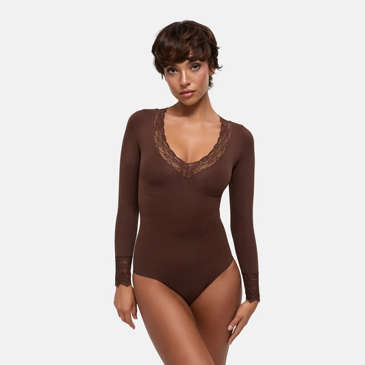 Lace V-Neck Bodysuit Sculpting Shapewear Longsleeve mit Slip