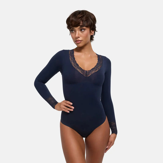 Lace V-Neck Bodysuit Sculpting Shapewear Longsleeve mit Slip