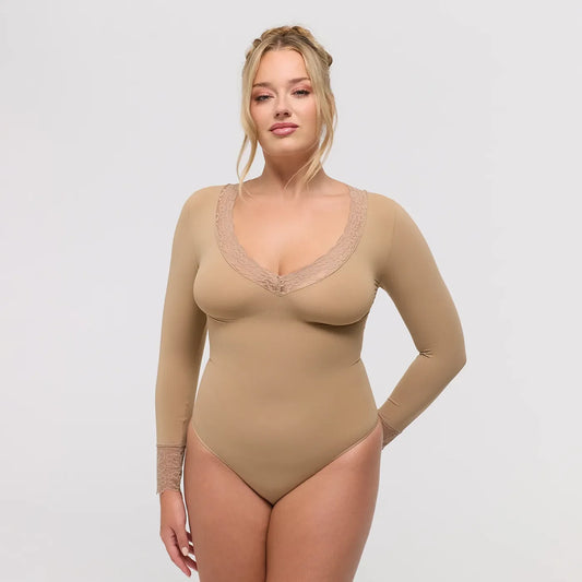 Lace V-Neck Bodysuit Sculpting Shapewear Longsleeve mit String