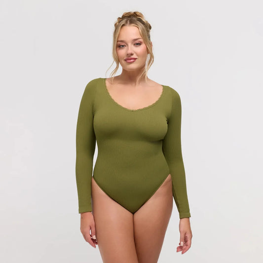 Ribbed Longsleeve V-Neck Sculpting Lace Bodysuit with Slip