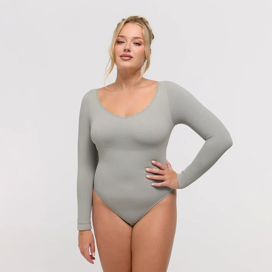 Ribbed Longsleeve V-Neck Sculpting Lace Bodysuit with String